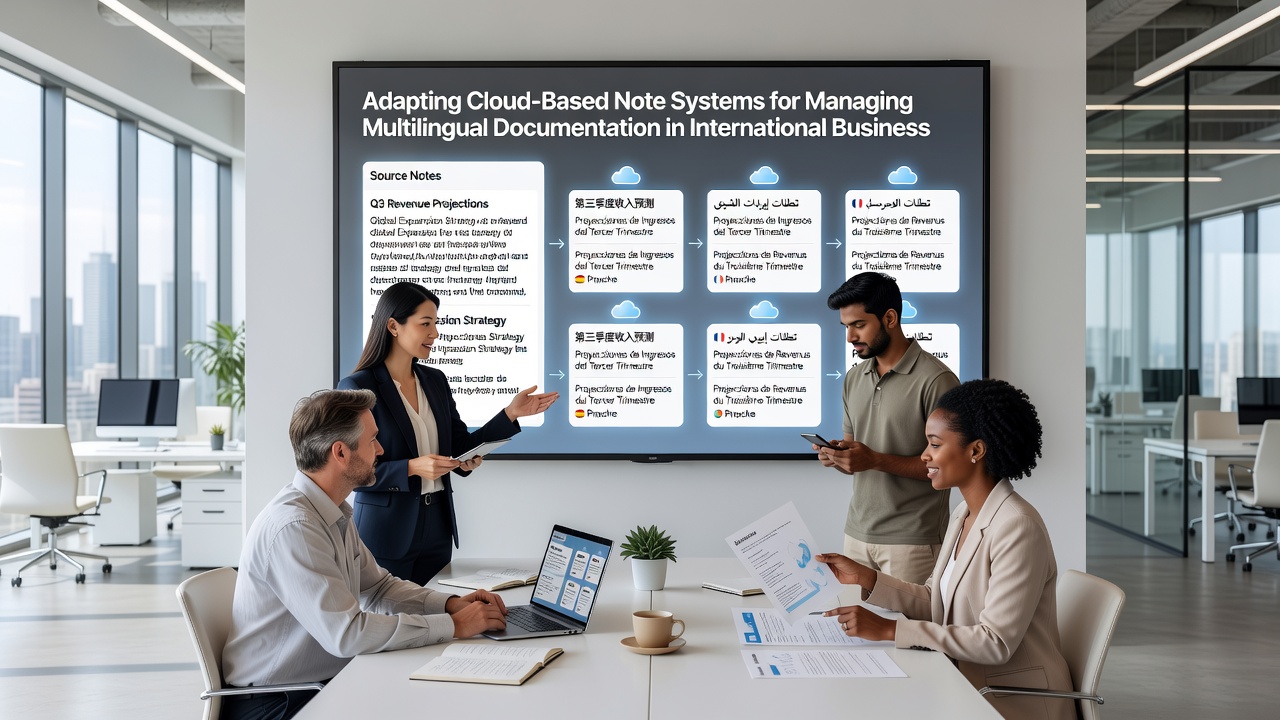 Cloud note system dashboard displaying synchronized multilingual documentation across devices