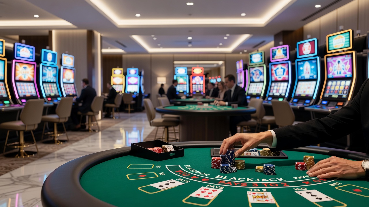 Close-up view of slot machine reels displaying symbols and payout lines in an active casino floor