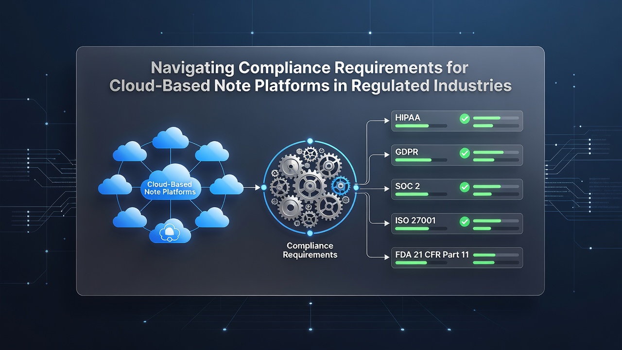 Team reviewing compliance documentation for cloud note platforms with regulatory checklists and audit logs displayed